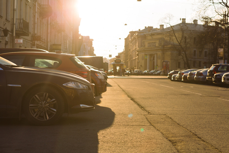 SAINT PETERSBURG, RUSSIA - APRIL 25, 2016: car Parking in the city center of Saint-Petersburg in the spring rays of the setting sunのeditorial素材
