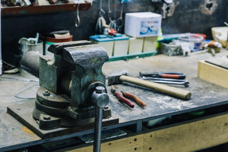 Close-up of working iron tools on metal background