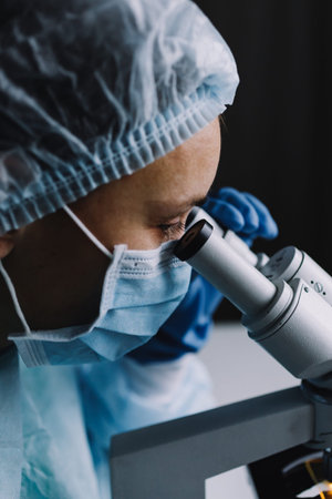 Side close up view of scientist in uniform looking at microscope in lab.