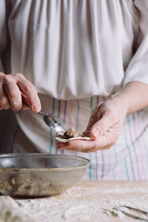Front mid view of womans hands making meat dumplings.の写真素材