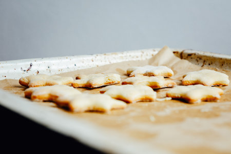 Tasty cookies after baking on a pan. Horizontal studio shot.