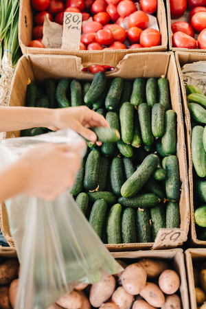 Crop person choosing cucumbers in outside market.の写真素材