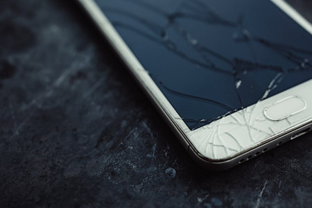Smart phone with broken screen on dark background. Close-up.