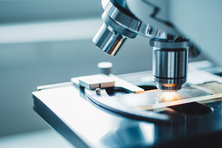 Close-up shot of microscope with metal lens at laboratory.