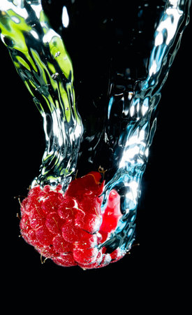 Closeup shot of ripe raspberry covered with air bubbles and falling down in water on black...