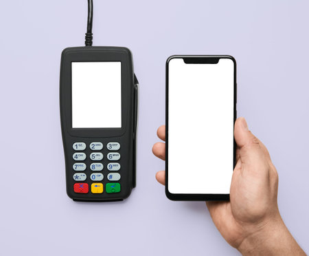 Contactless payment for paying by smartphone with nfc technology. Terminal and phone with template...