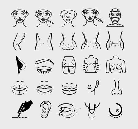 Plastic body cosmetic surgery vector line icons set Vector.のイラスト素材