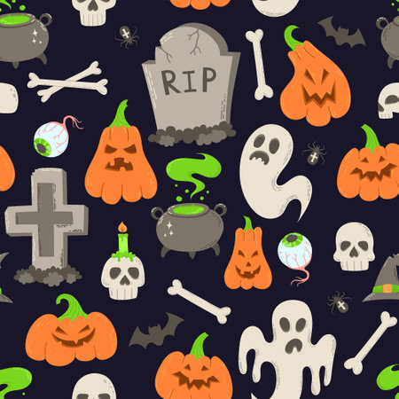 Symbolic halloween holiday scary objects seamless pattern. Pumpkins, ghosts, skulls, bones, cauldron, tombstones, bat, spider, eyeball, potion, hat, candleのイラスト素材