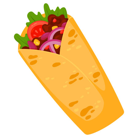 Tasty burrito cartoon illustration isolated on white background. Mexican fast-food snack, street food take away tex mex meal. Tortilla roll stuffed with meat, beans and vegetablesのイラスト素材