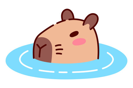 Cute Capybara Swimming in Water Illustration in Flat Style. Only Head Visible. Adorable Cartoon Animal Design, Perfect for Children's Books, Stickers, Merchandiseのイラスト素材