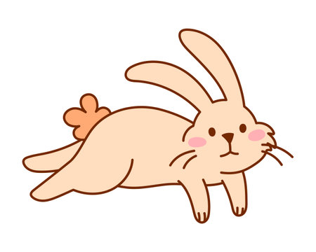 Cute Fluffy Rabbit with Whiskers Jumps. Adorable Hand Drawn Bunny Illustration. Playful Cartoon Animal for Kids, Easter, Stickers, Prints, and Digital Projectsのイラスト素材