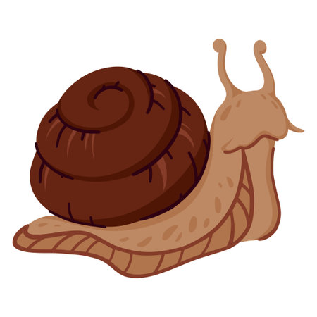 Brown Garden Snail with Spiral Shell and Tentacles Crawling. Hand Drawn Wild Mollusk Isolated on White Background. Adorable Slow Creature for Nature or Animal Designsのイラスト素材