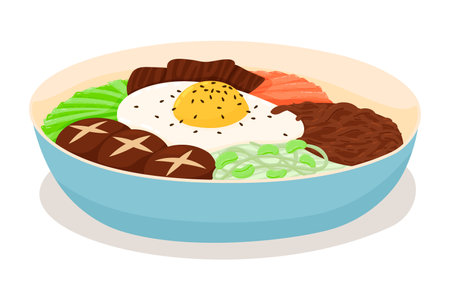 Bibimbap Korean Traditional Food. Rice Mixed with Various Ingredients in Blue Bowlのイラスト素材