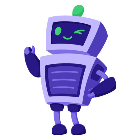 Adorable AI robot character with a winking expression on a solid blue background. friendly artificial intelligence, virtual assistant services, and modern technology with a personal touch.のイラスト素材