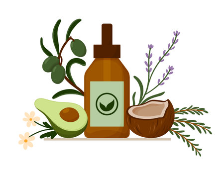 Natural Eco Cosmetics Glass Dropper Bottle with Organic Ingredients Around It. Avocado, Olives, Coconut, Rosemary, Chamomile. Clean Beauty Concept Illustration Isolated on Whiteのイラスト素材