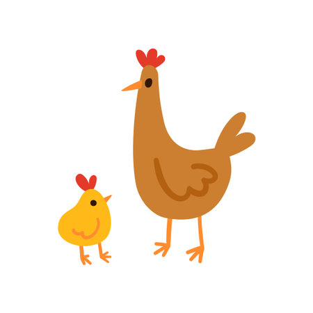 Brown hen standing with a yellow chick simple flat illustration isolated on white. Domestic birds with red combs and orange beaks. Great for kids content, nursery prints, farm and animal designsのイラスト素材