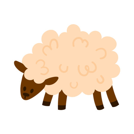 Fluffy sheep with curly wool and head lowered as if grazing. Simple flat style, isolated on white. Great for farm, livestock, and nursery projectsのイラスト素材