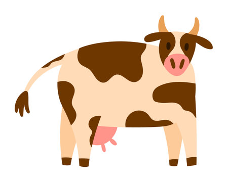 Playful spotted dairy cow with curved tail standing calmly, simple flat style, isolated on white. Ideal for farm, milk, and kids projectsのイラスト素材