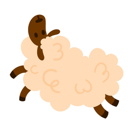 Fluffy sheep with curly wool jumping. Simple flat style, isolated on white. Great for farm, livestock, and nursery projectsのイラスト素材