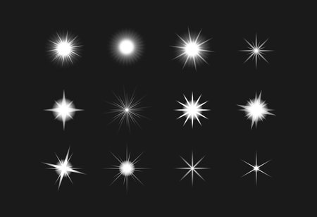 Set of white glowing stars on a black background. Vector illustration.のイラスト素材