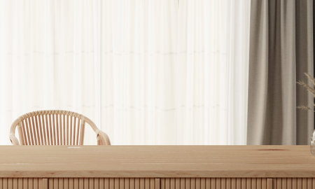 3D render background with wood counter glass vase with dry plant chair and curtains. Empty table for...