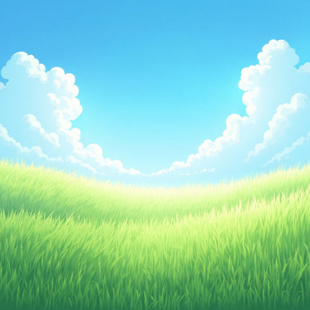 Blue sky and green field grass nature illustration imageの素材