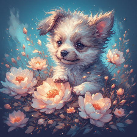 Cute puppy animal illustration image with flower backgroundの素材
