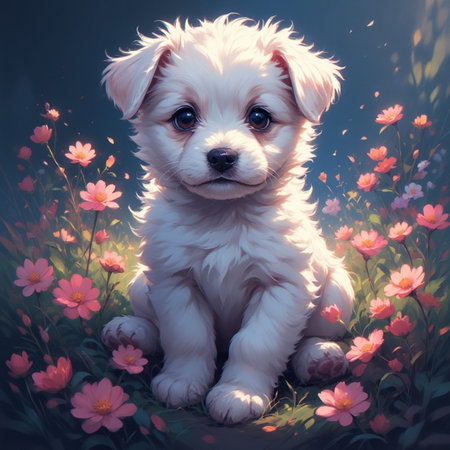 Cute puppy animal illustration image with flower backgroundの素材