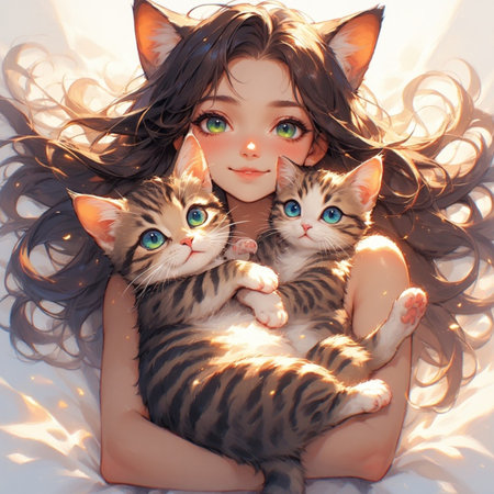 Girl and cute cat animal illustration imageの素材