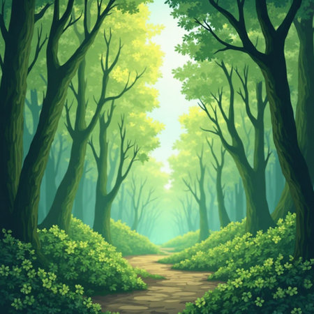 Green forest nature illustration image with many treesの素材