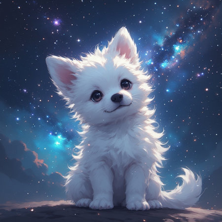 Cute white puppy animal illustration image with space backgroundの素材
