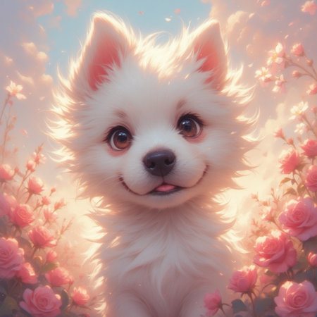Cute white puppy animal illustration image with flower backgroundの素材