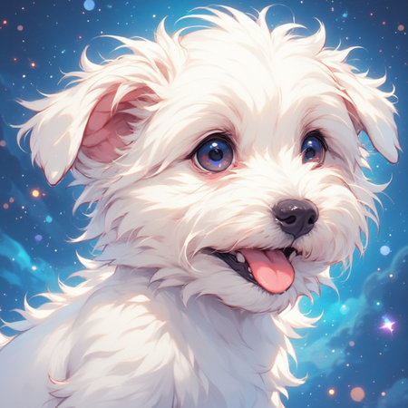 Cute white puppy illustration image with space backgroundの素材