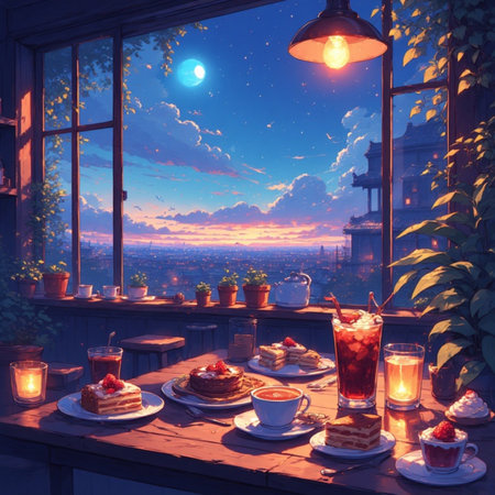 A cozy coffee shop cafe dessert illustration imageの素材