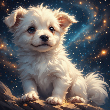 Cute white puppy illustration image with space backgroundの素材