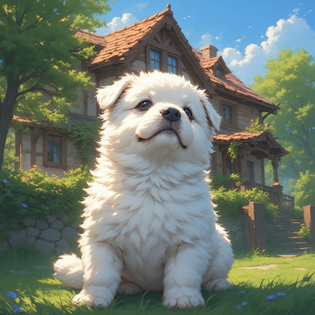 Cute white puppy illustration image with house backgroundの素材