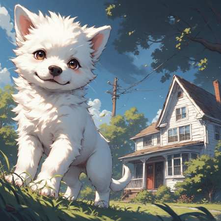 Cute white puppy illustration image with house backgroundの素材