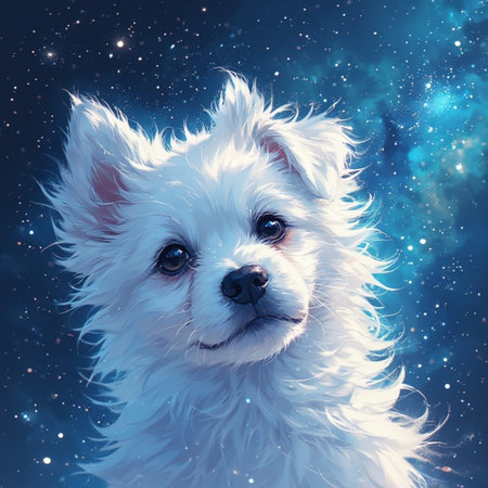 Cute white puppy illustration image with space backgroundの素材