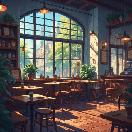 A cozy coffee shop cafe illustration imageの素材