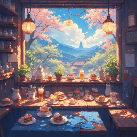 A cozy coffee shop cafe illustration imageの素材