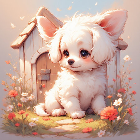 Cute white puppy animal illustration imageの素材