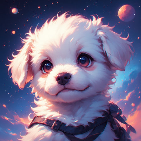 Cute white puppy illustration image with space backgroundの素材