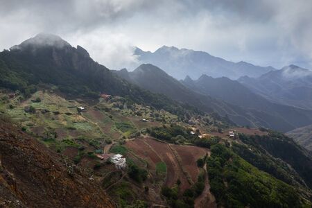 A beautiful landscape view in the mountains with cloud covered valley, Anaga, Tenerife, Canary Islands in Spainの写真素材