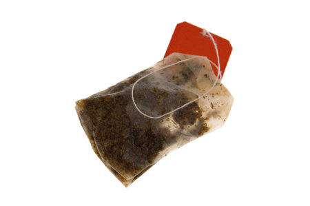 camomile tea bag isolated on white backgroundの写真素材