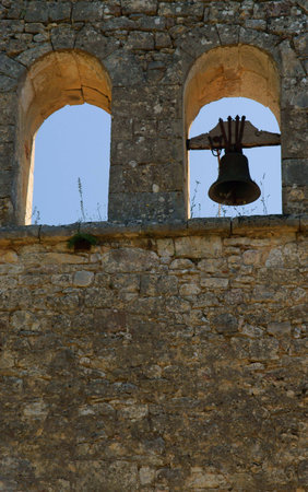Window and bell, belltower in Franceの写真素材