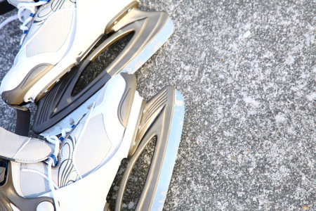 ice skating outdoors on a freezing winterの写真素材