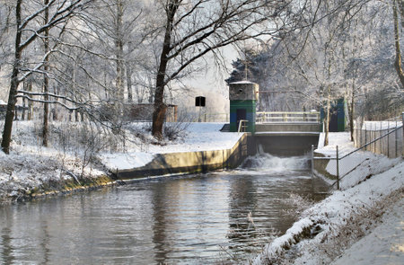 drainage channel in wintertimeの写真素材