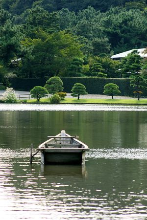 A boat sits patiently on the lakeの写真素材