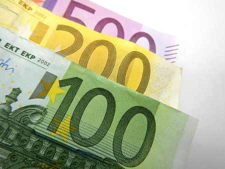 euro banknotes on white backgroundの写真素材