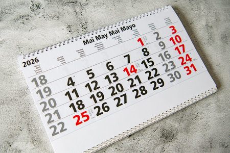 calendar for may 2026 on white textured background with copy spaceの写真素材